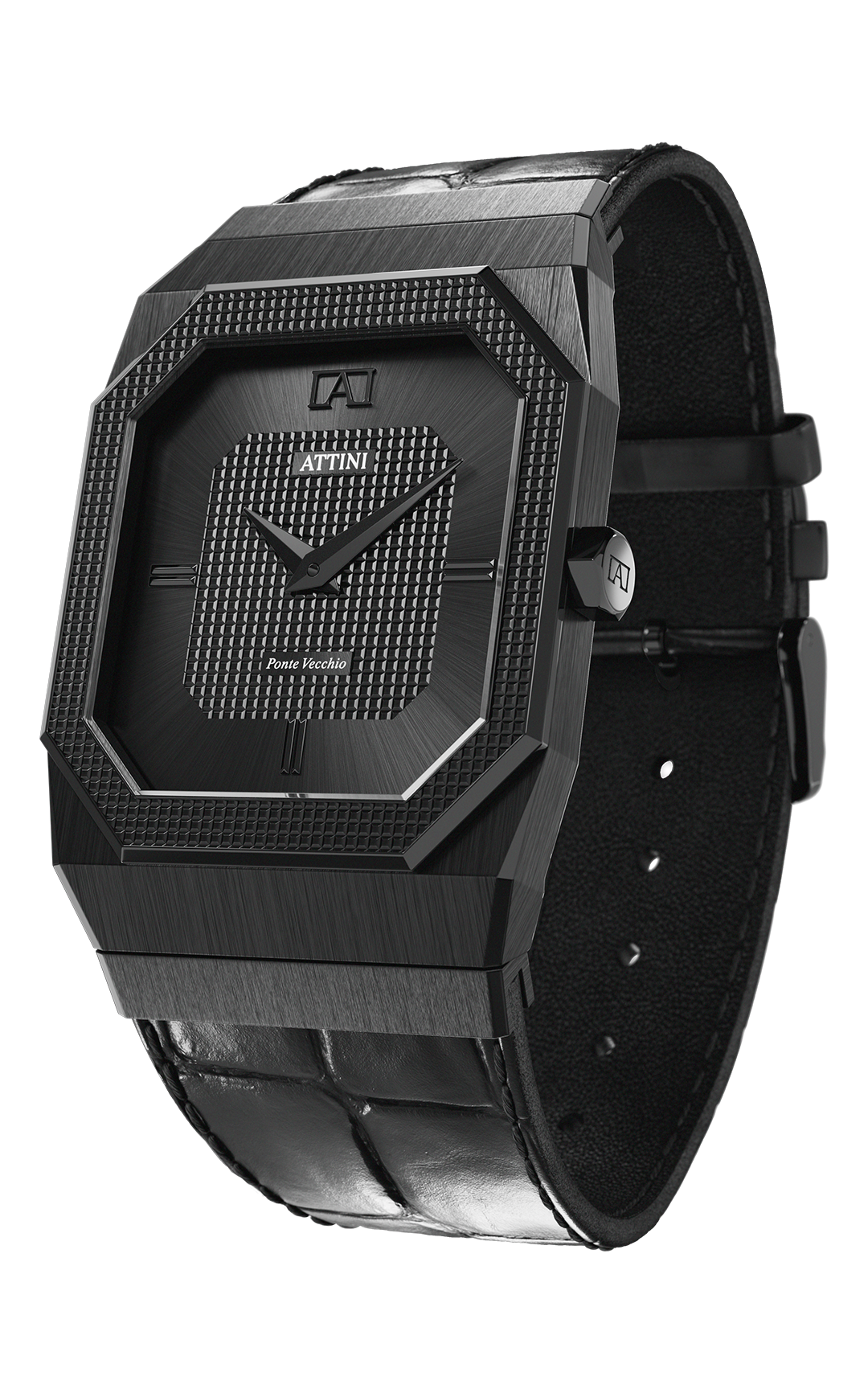 ATTINI - Ponte Vecchio, Firenze / Leather Strap (croc pattern), Black Color, Swiss Movement