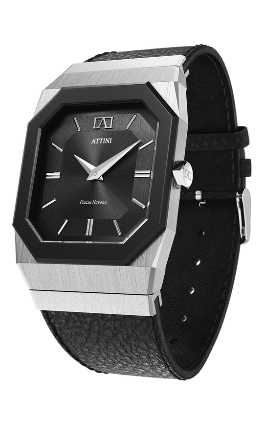 ATTINI - Piazza Navona, Roma / Leather Strap, Black Color, Swiss Movement