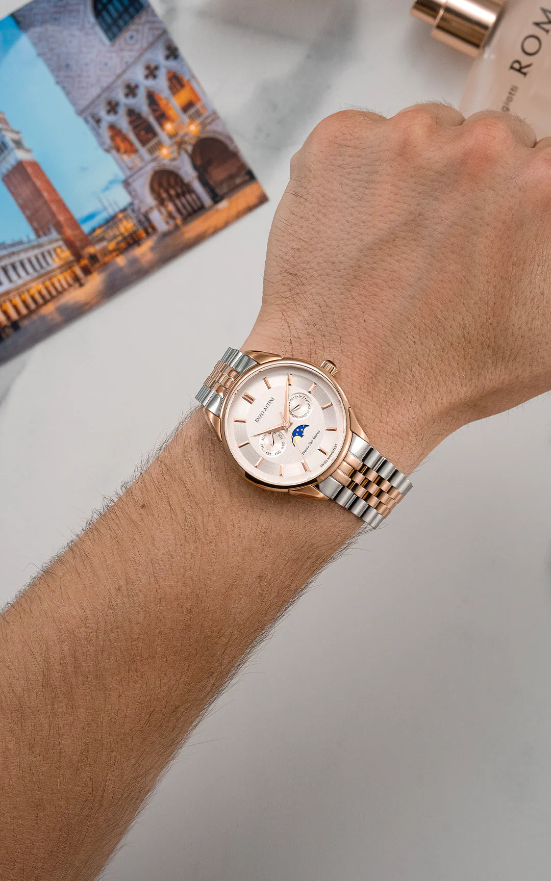 Piazza San Marco di Venezia / President Bracelet, Silver & Rose Gold Color, Swiss Movement