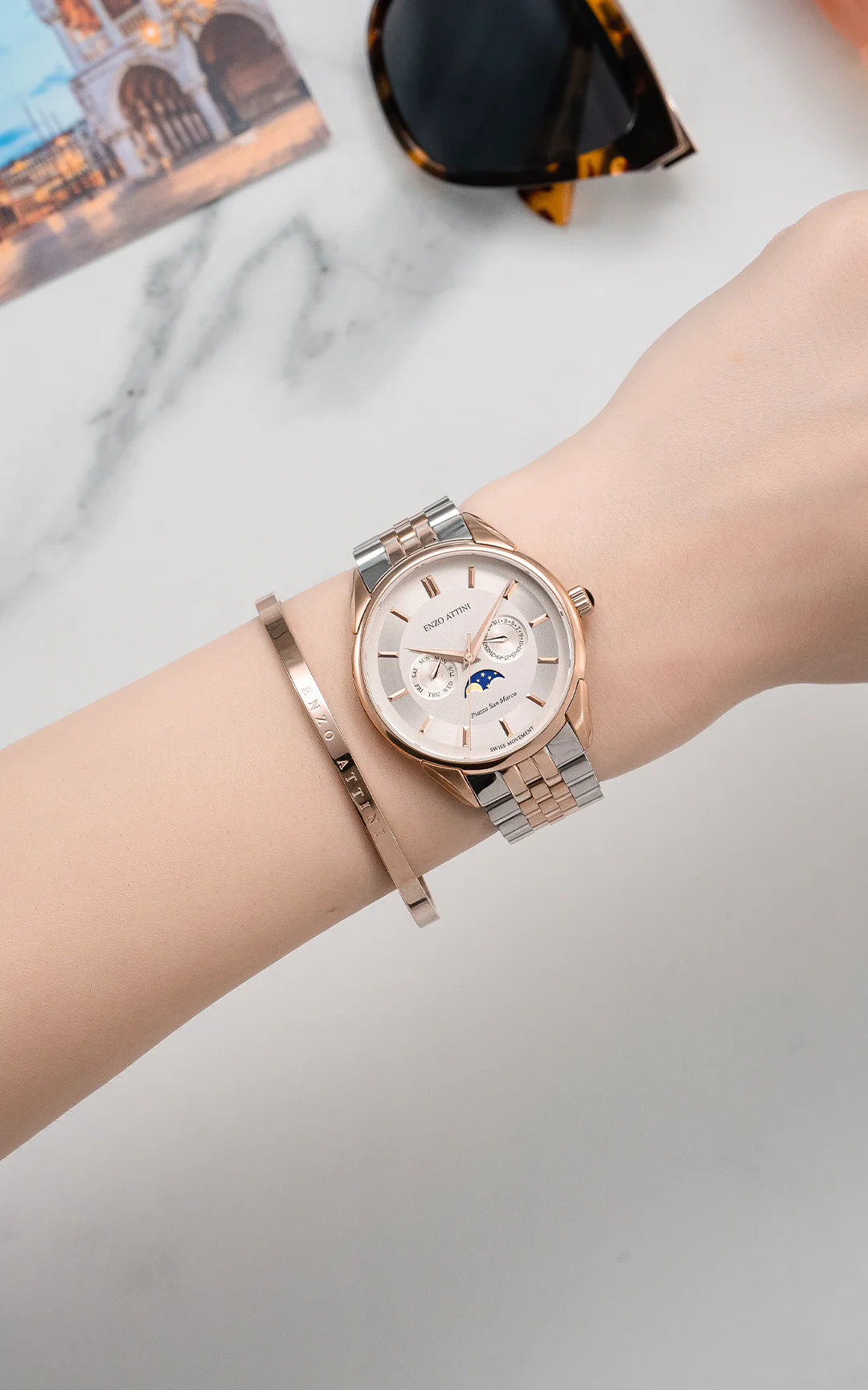 Piazza San Marco di Venezia / President Bracelet, Silver & Rose Gold Color, Swiss Movement.