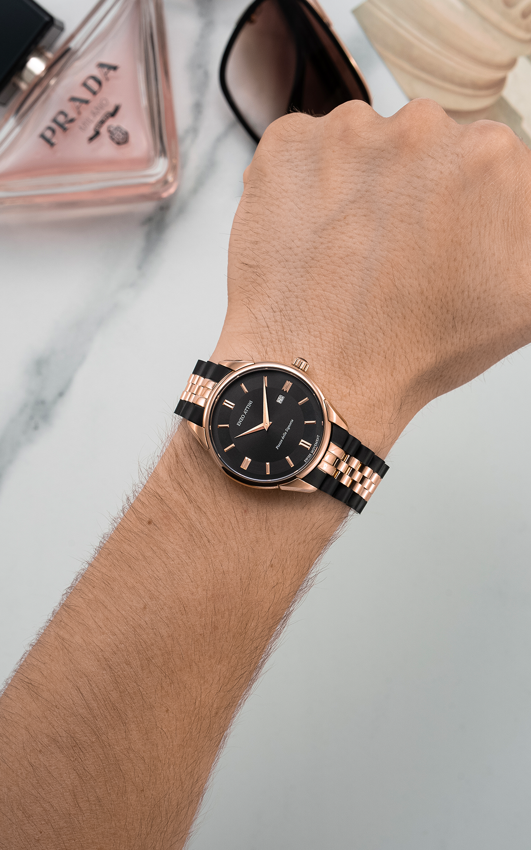 Piazza della Signoria / President Bracelet, Black & Rose Gold Color, Swiss Movement - Enzo Attini - Quartz Watch - men, metal_strap, Products, quartz, quartz man, quartz_analog