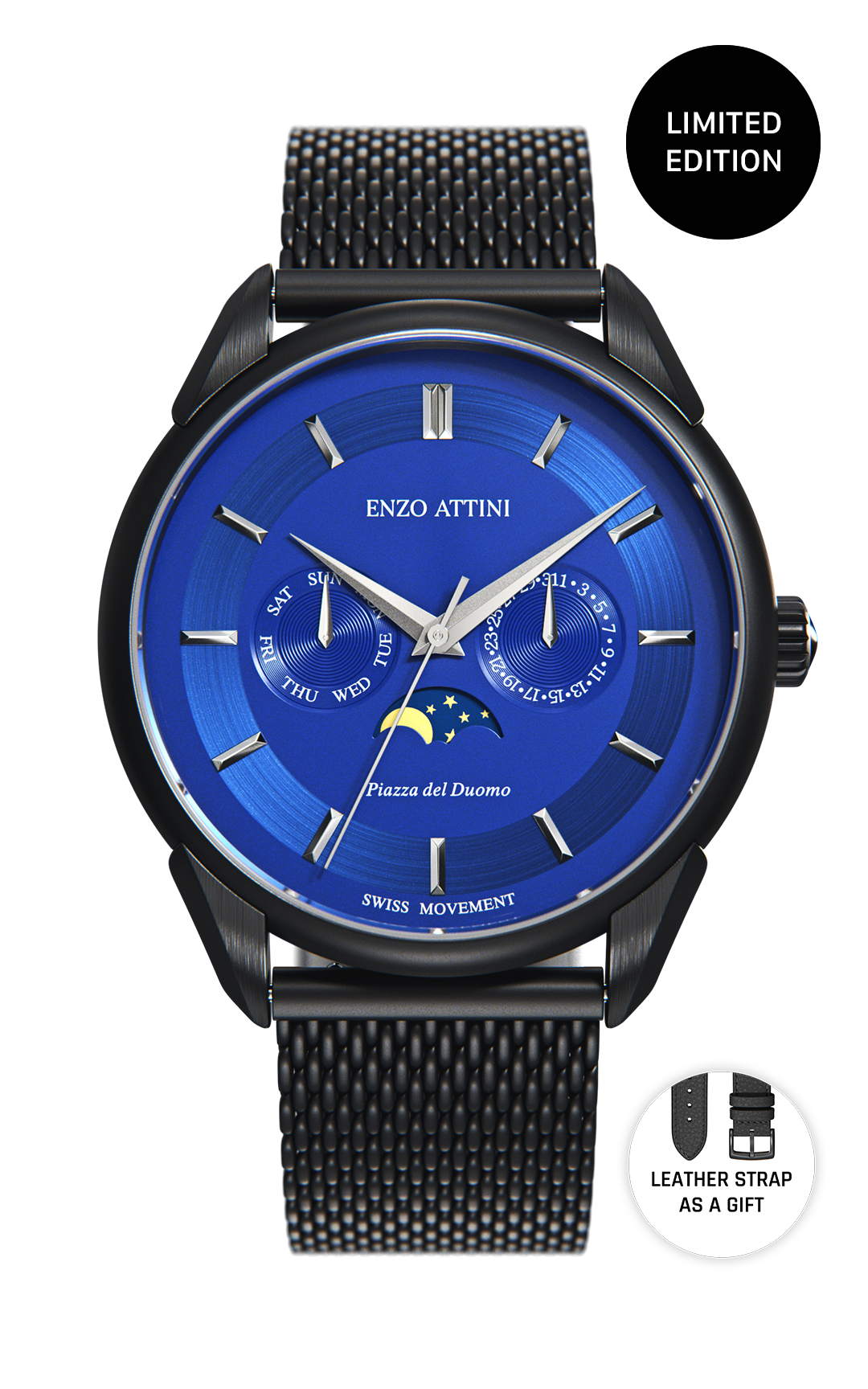 Piazza del Duomo, Milano / Swiss Movement - Enzo Attini - Quartz Watch - men, metal_strap, moonphase men, new_watch, Products, quartz, quartz_moonphase, shop_all_mens