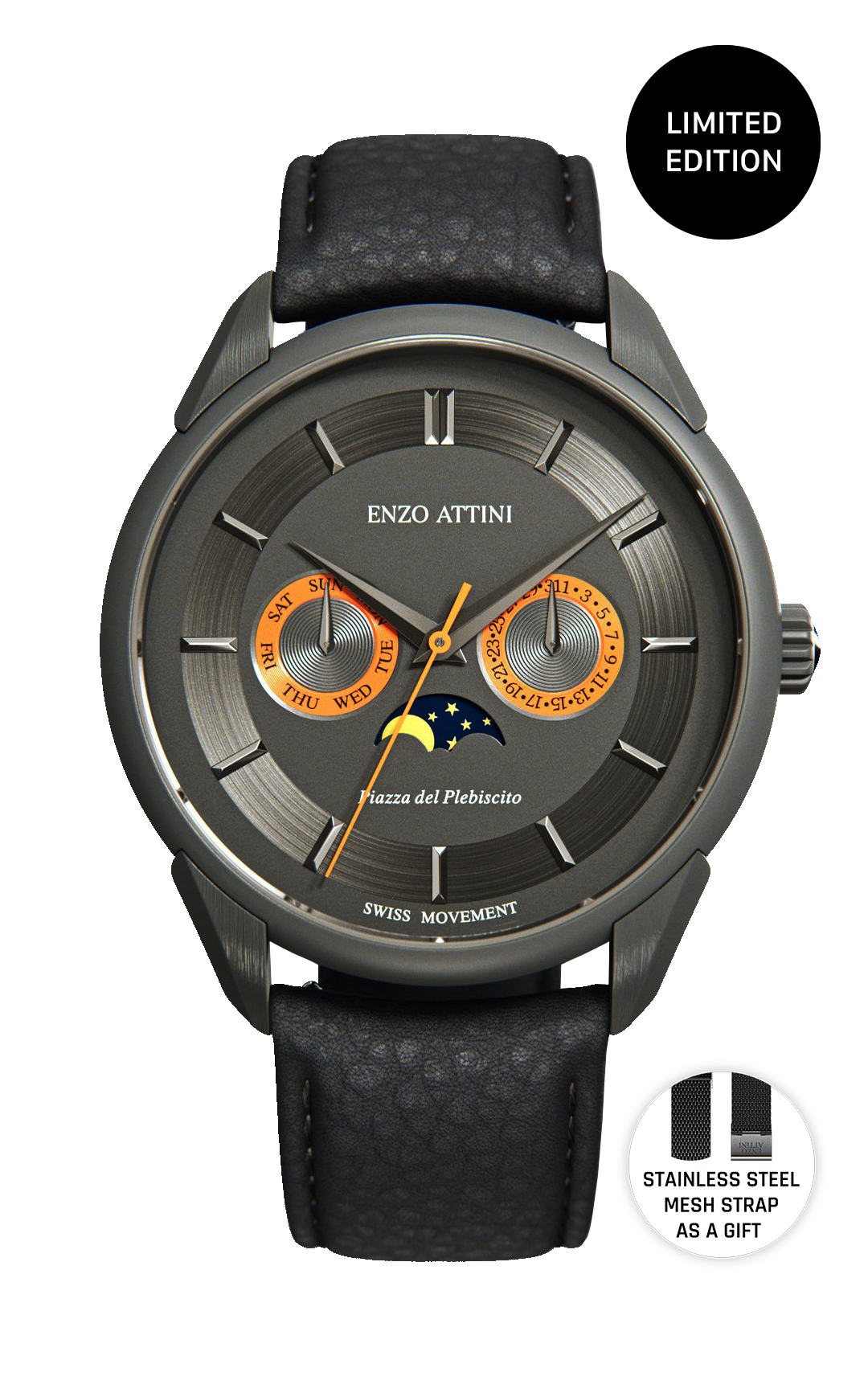Piazza del Plebiscito / Swiss Movement - Enzo Attini - Quartz Watches - men, metal_strap, moonphase men, new_watch, Products, quartz, quartz_moonphase, shop_all_mens