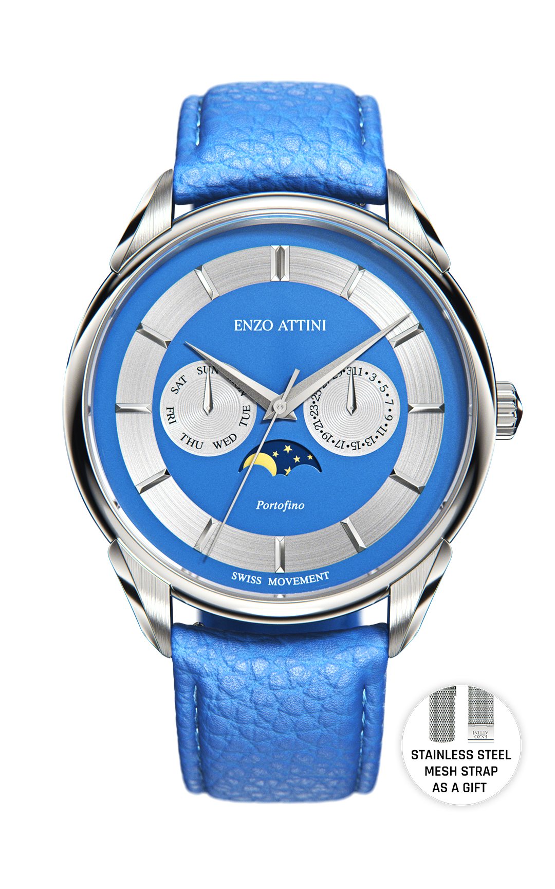 Portofino / Swiss Movement. - Enzo Attini - Quartz Watches - leather, men, moonphase men, new_watch, Products, quartz, quartz_moonphase, shop_all_mens