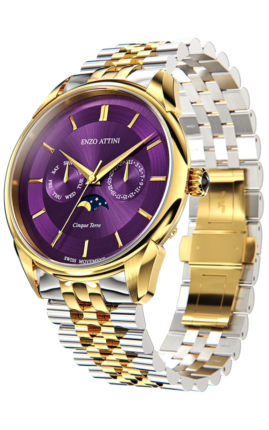 Cinque Terre / President Bracelet, Silver & Gold Color, Swiss Movement.