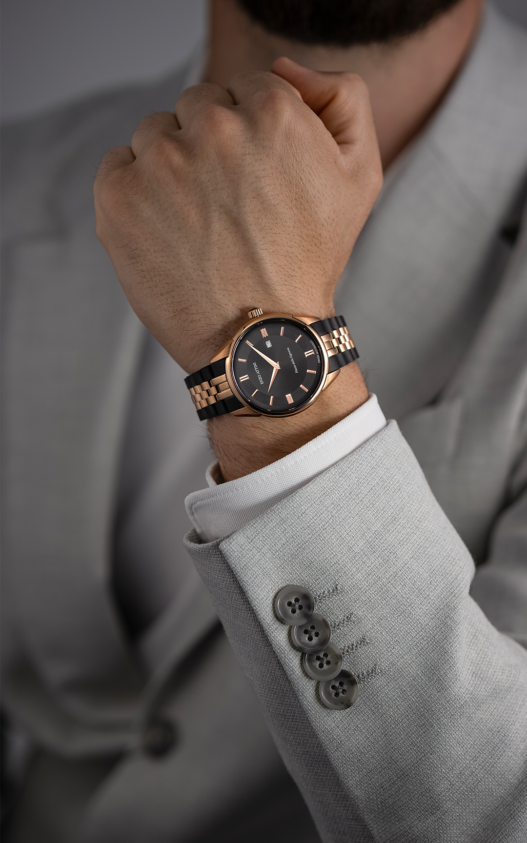 Piazza della Signoria / President Bracelet, Black & Rose Gold Color, Swiss Movement - Enzo Attini - Quartz Watch - men, metal_strap, Products, quartz, quartz man, quartz_analog