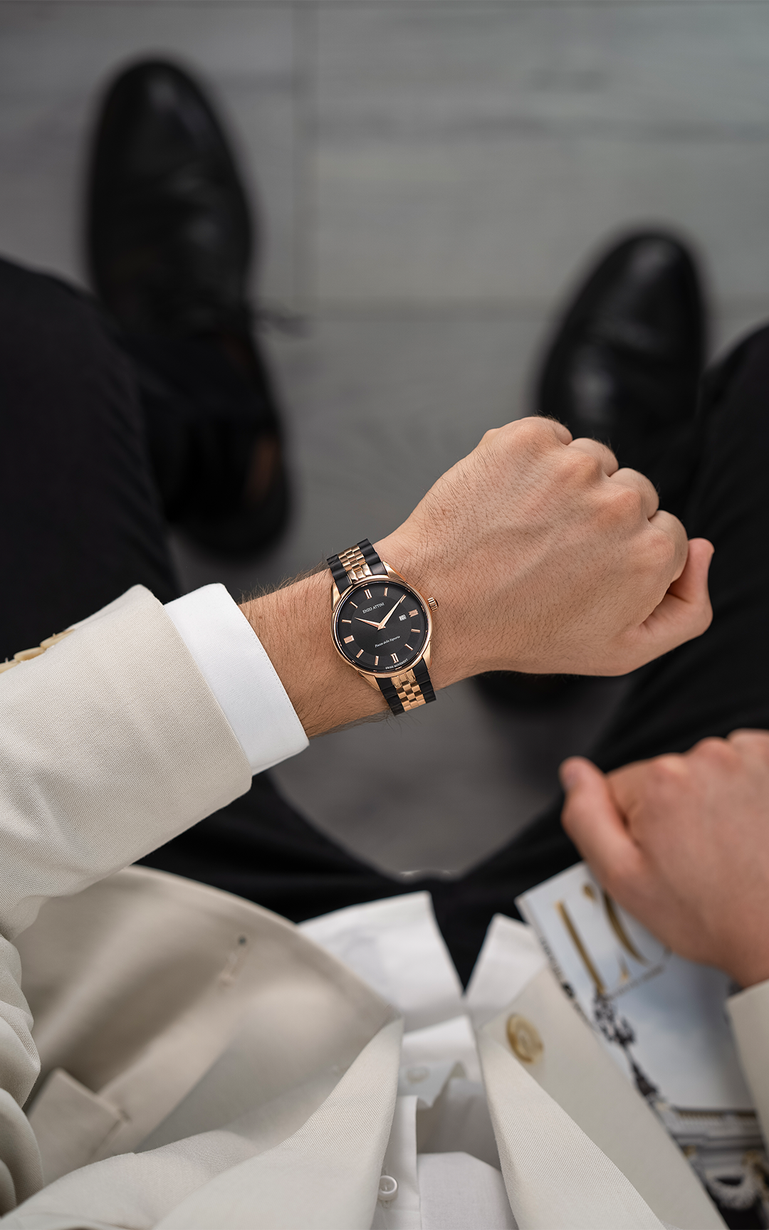 Piazza della Signoria / President Bracelet, Black & Rose Gold Color, Swiss Movement - Enzo Attini - Quartz Watch - men, metal_strap, Products, quartz, quartz man, quartz_analog