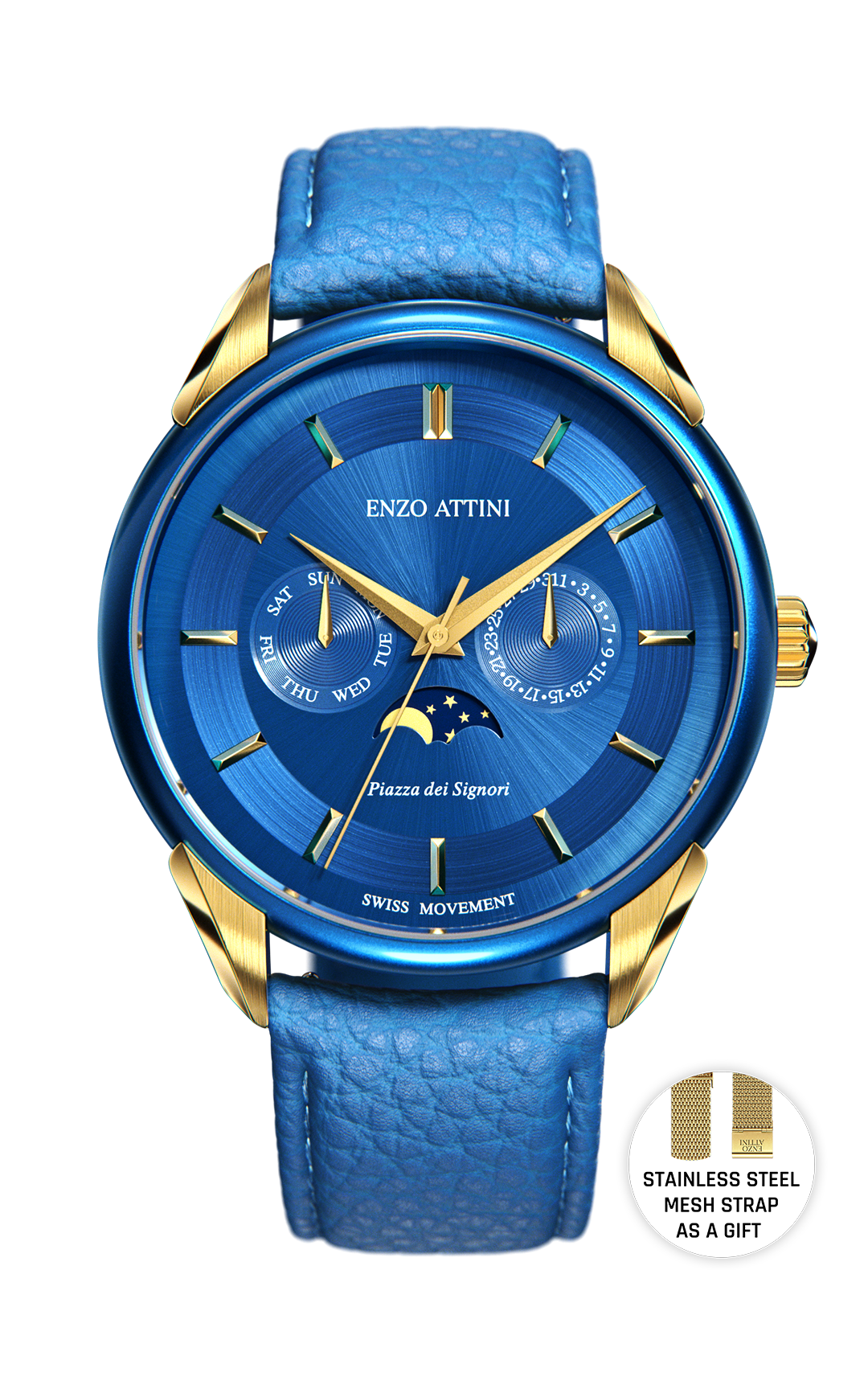 Piazza dei Signori / Swiss Movement - Enzo Attini - Quartz Watch - leather, men, metal_strap, moonphase men, new_watch, Products, quartz, quartz_moonphase, shop_all_mens